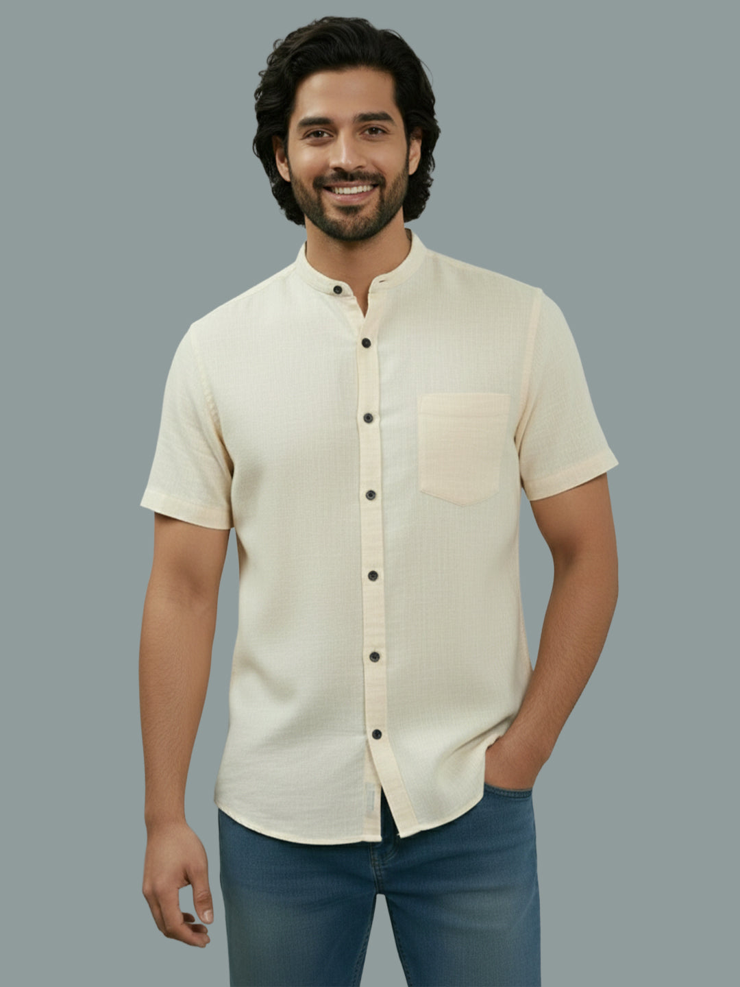 BULL FIRE Half Sleeve Chinese Collar Cotton Regular Fit Shirt For Men