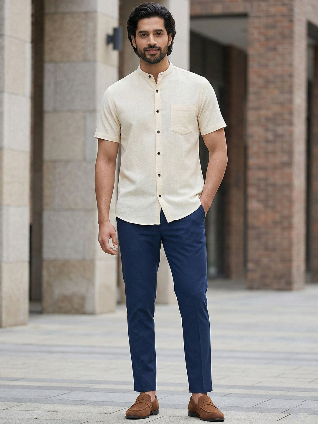 BULL FIRE Half Sleeve Chinese Collar Cotton Regular Fit Shirt For Men