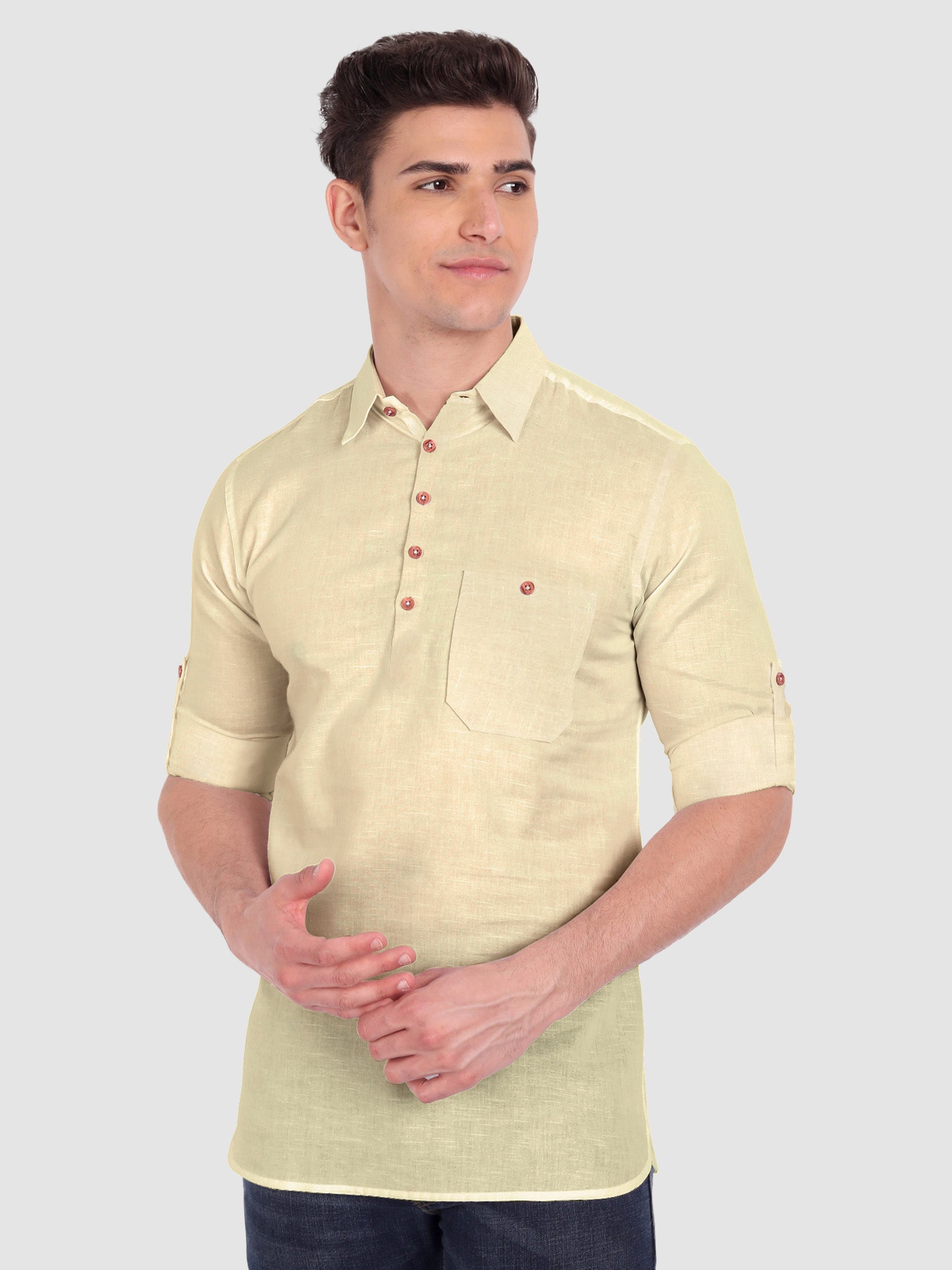 BULL FIRE Men Full Sleeve Roll Up Sleeve Style Spread Collar Pure Cotton Kurta