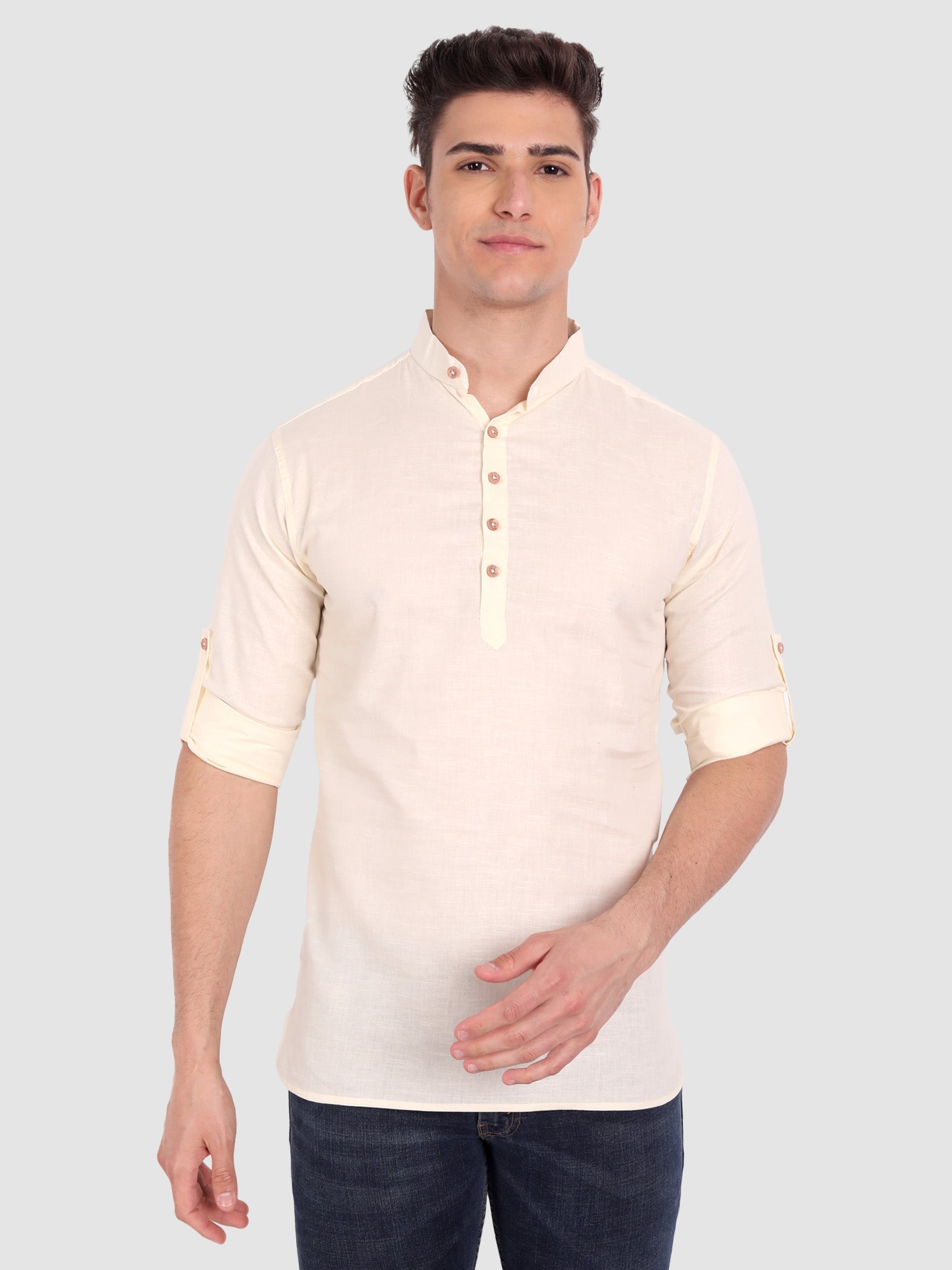 BULL FIRE Men Full Sleeve Roll Up Style Chinese Collar Cotton Kurta
