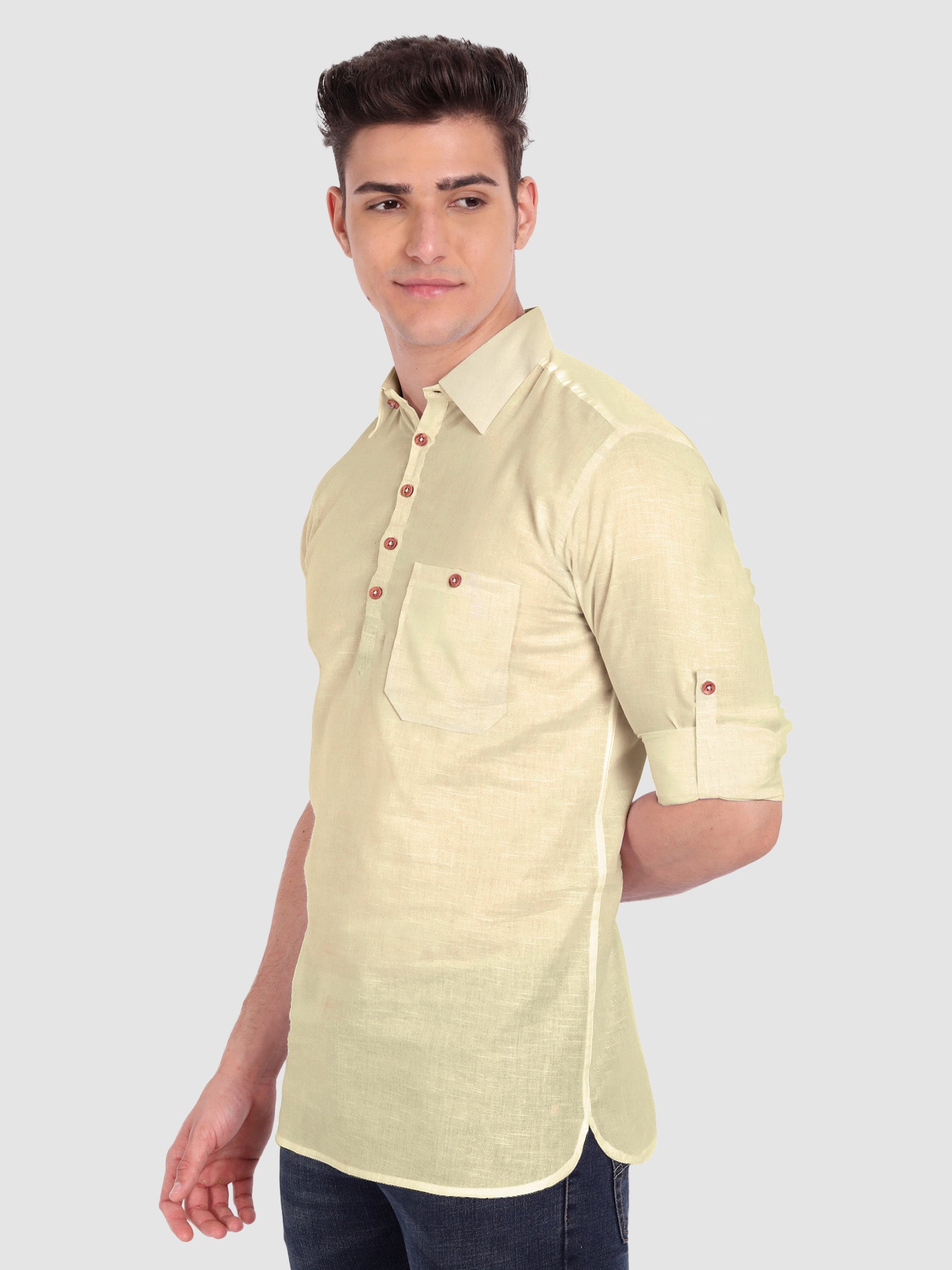 BULL FIRE Men Full Sleeve Roll Up Sleeve Style Spread Collar Pure Cotton Kurta