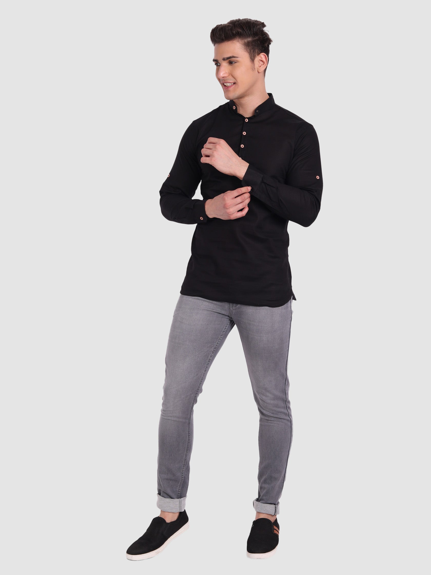 BULL FIRE Men Full Sleeve Roll Up Style Chinese Collar Cotton Kurta
