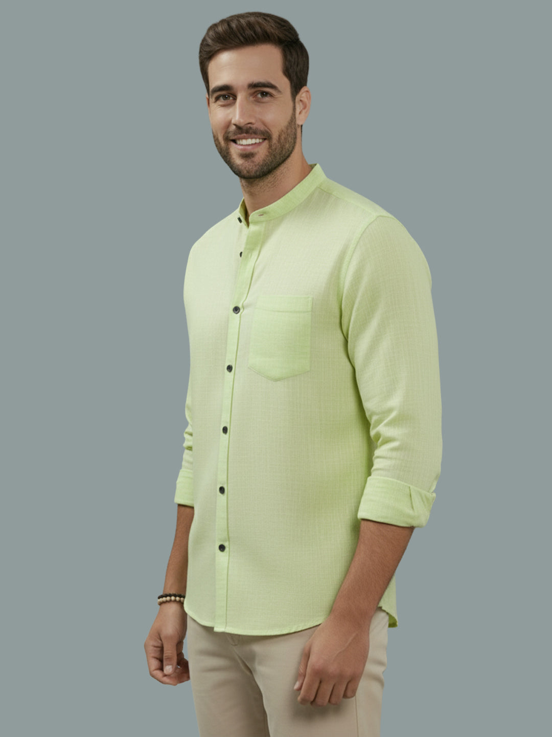 BULL FIRE Chinese Collar Full Sleeve Cotton Regular Fit Shirt For Men