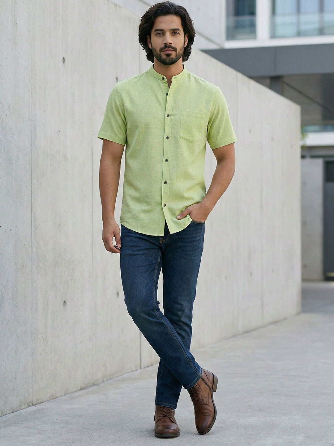 BULL FIRE Half Sleeve Chinese Collar Cotton Regular Fit Shirt For Men