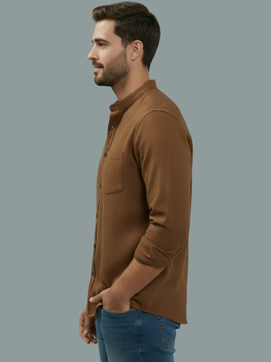 BULL FIRE Chinese Collar Full Sleeve Cotton Regular Fit Shirt For Men