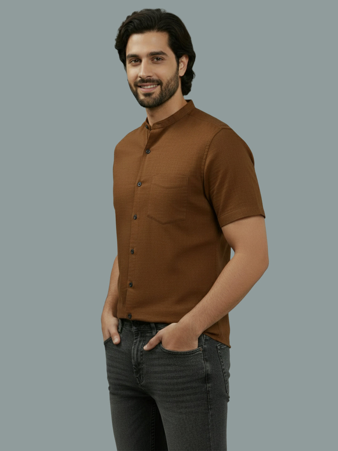 BULL FIRE Half Sleeve Chinese Collar Cotton Regular Fit Shirt For Men