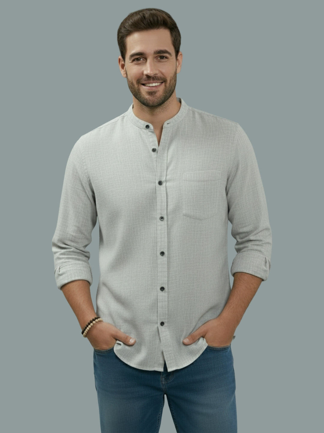 BULL FIRE Chinese Collar Full Sleeve Cotton Regular Fit Shirt For Men
