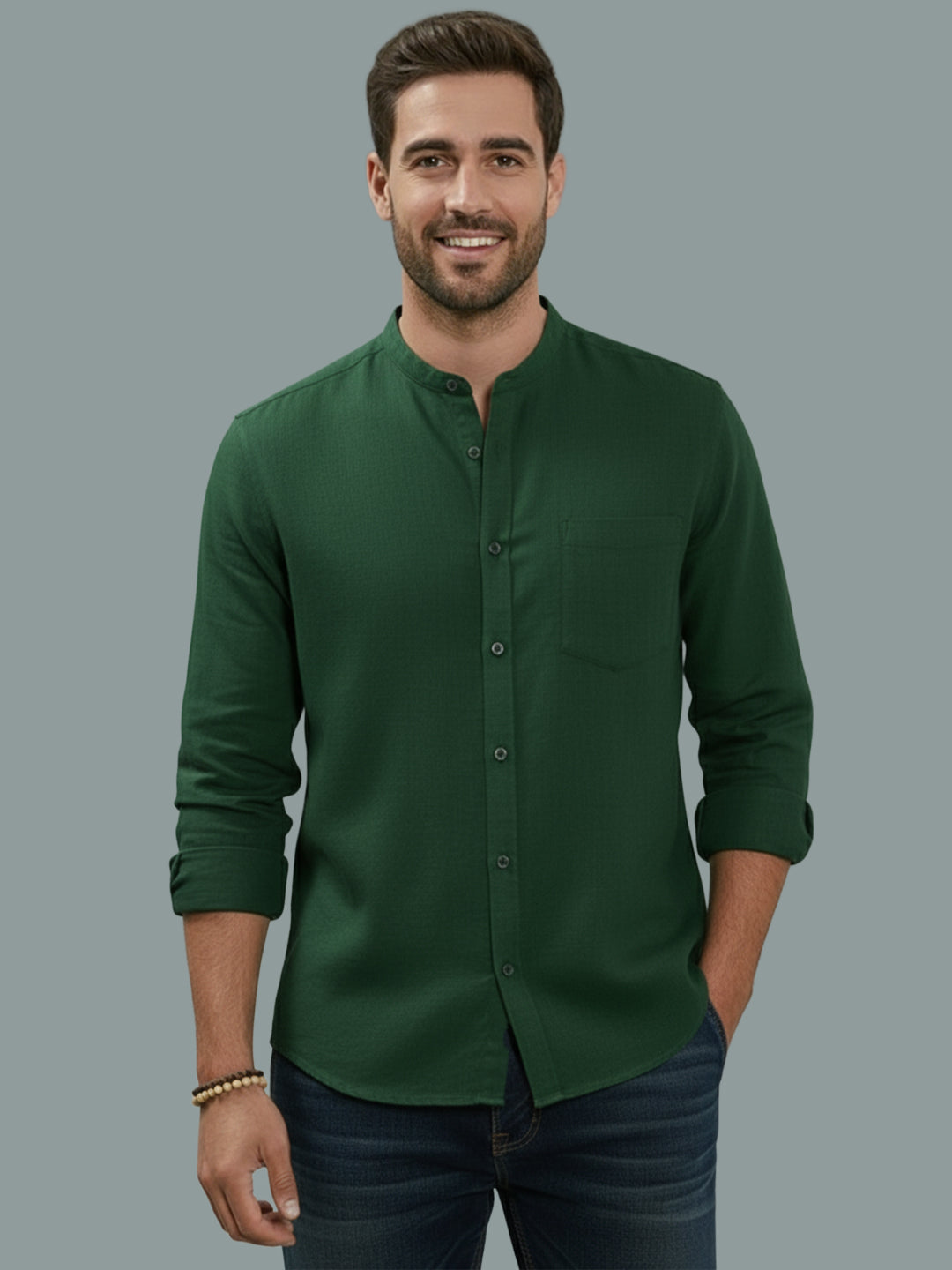 BULL FIRE Chinese Collar Full Sleeve Cotton Regular Fit Shirt For Men