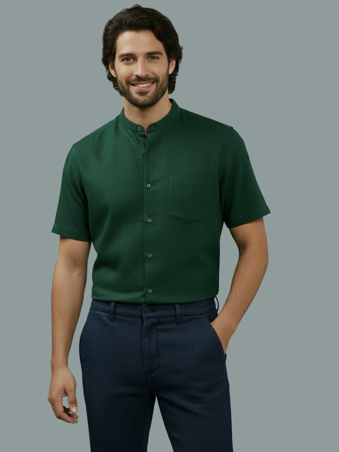 BULL FIRE Half Sleeve Chinese Collar Cotton Regular Fit Shirt For Men