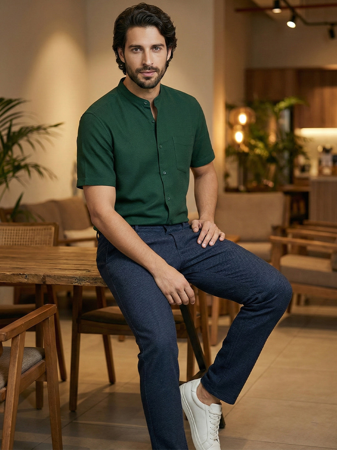 BULL FIRE Half Sleeve Chinese Collar Cotton Regular Fit Shirt For Men