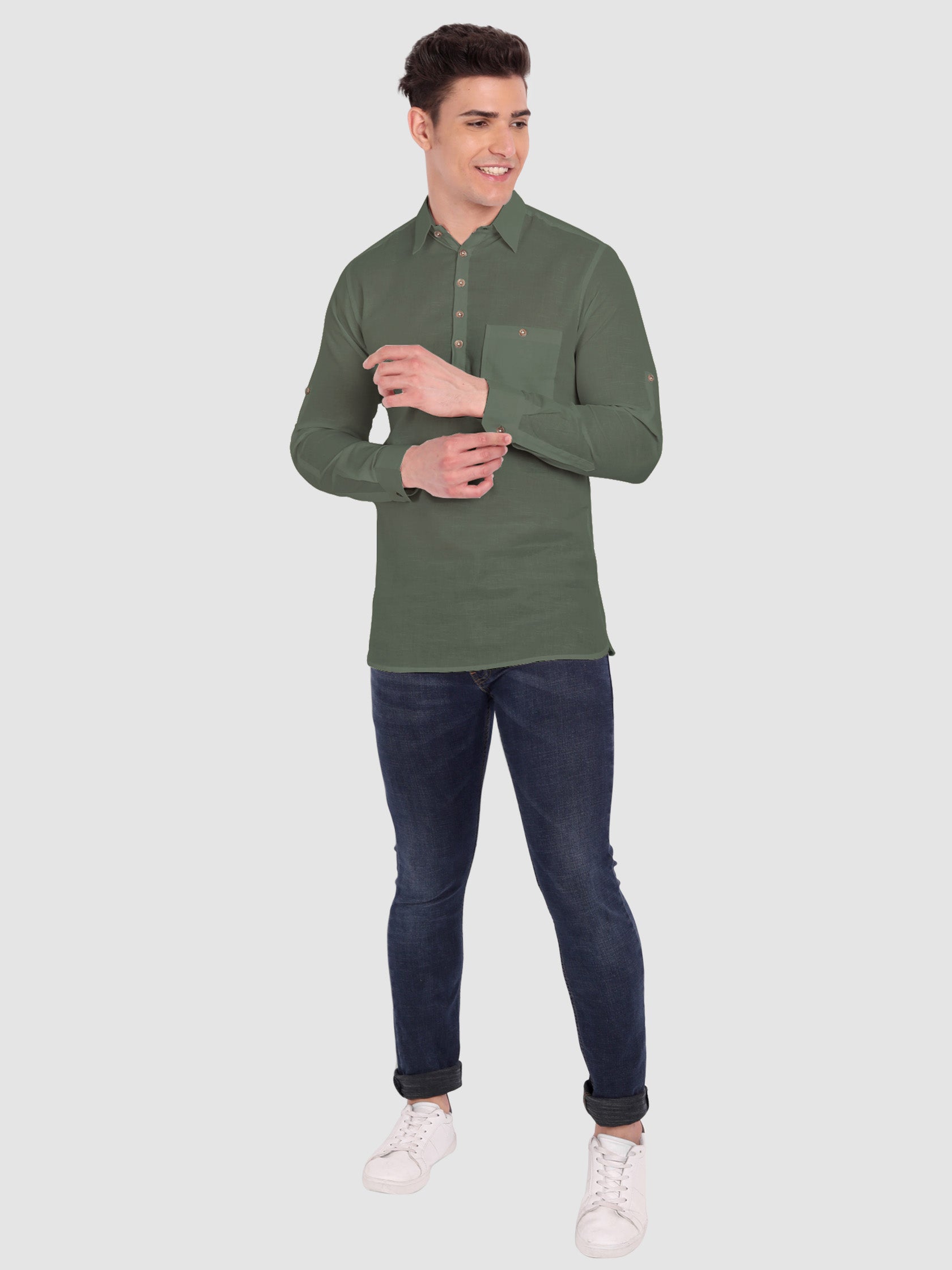 BULL FIRE Men Full Sleeve Roll Up Sleeve Style Spread Collar Pure Cotton Kurta