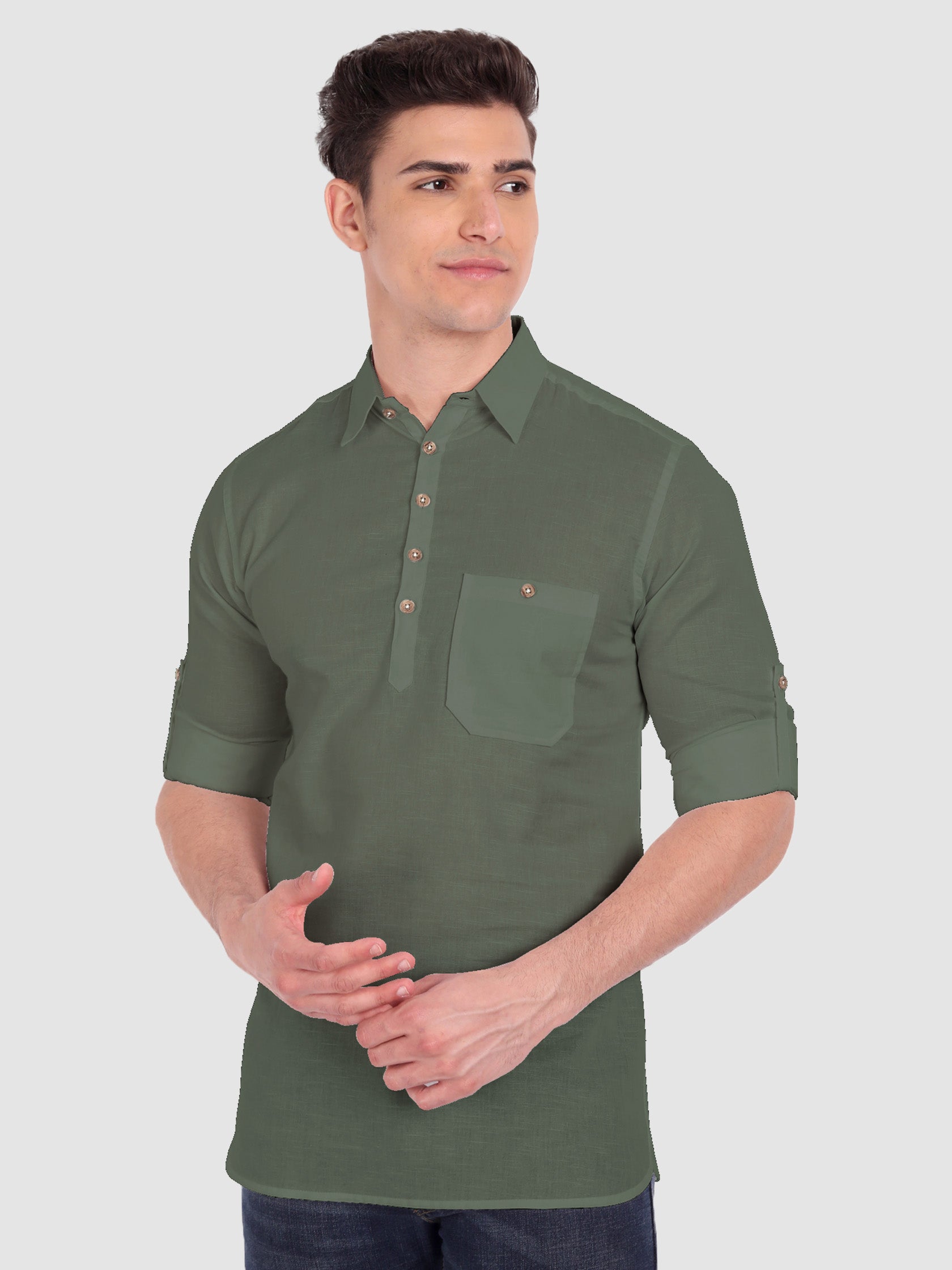 BULL FIRE Men Full Sleeve Roll Up Sleeve Style Spread Collar Pure Cotton Kurta