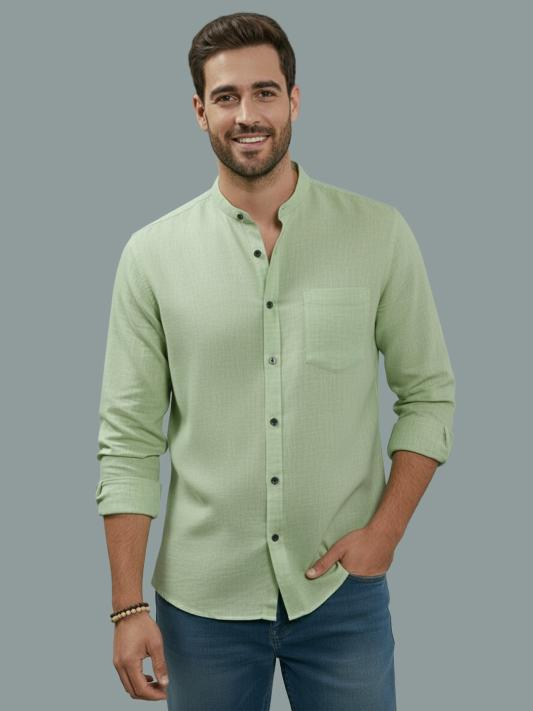 BULL FIRE Chinese Collar Full Sleeve Cotton Regular Fit Shirt For Men