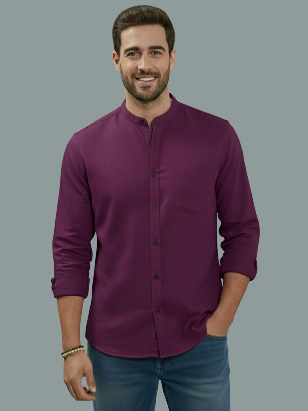 BULL FIRE Chinese Collar Full Sleeve Cotton Regular Fit Shirt For Men