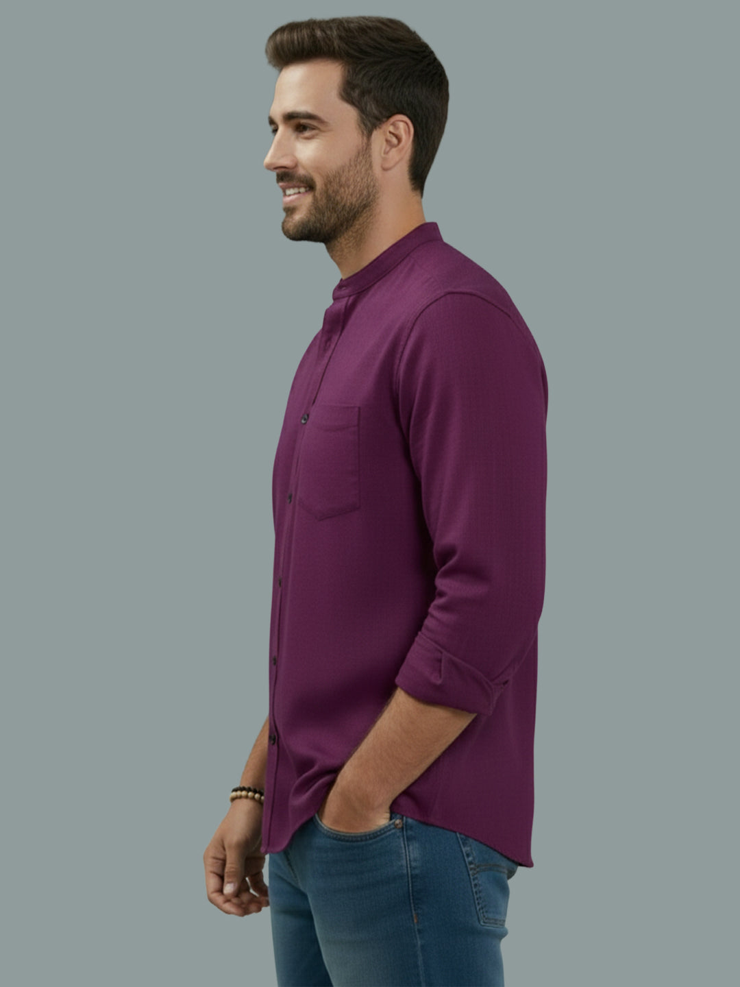 BULL FIRE Chinese Collar Full Sleeve Cotton Regular Fit Shirt For Men
