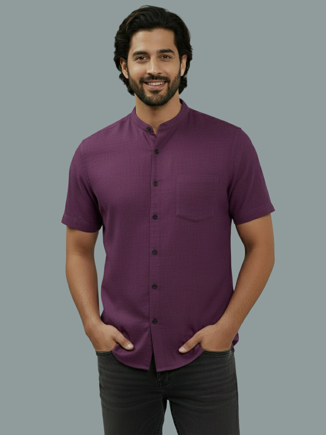 BULL FIRE Half Sleeve Chinese Collar Cotton Regular Fit Shirt For Men