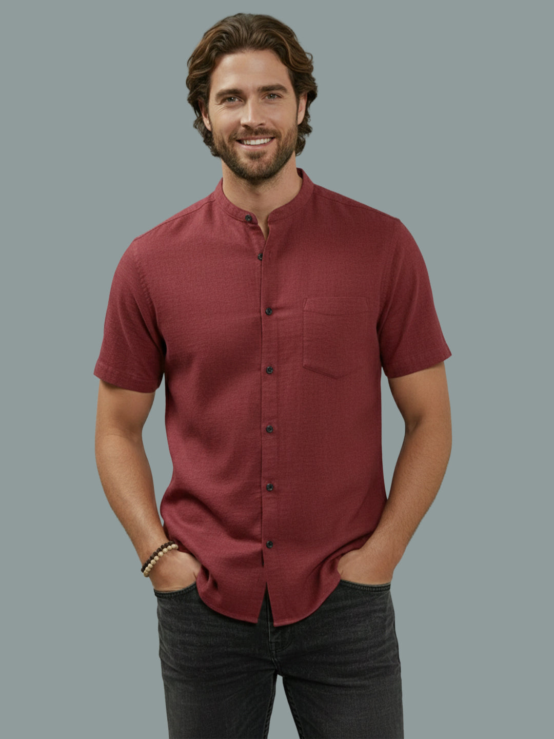 BULL FIRE Half Sleeve Chinese Collar Cotton Regular Fit Shirt For Men