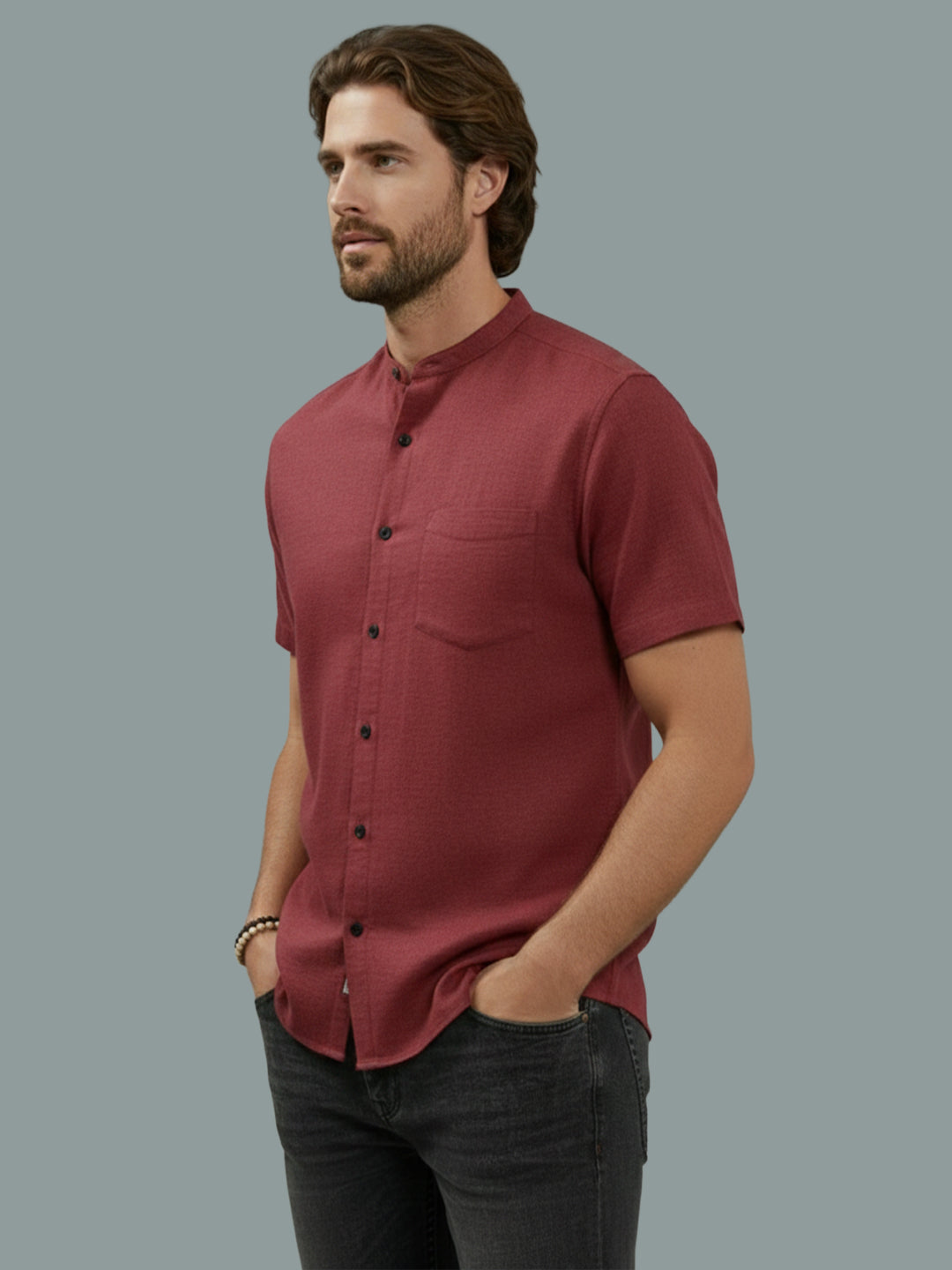 BULL FIRE Half Sleeve Chinese Collar Cotton Regular Fit Shirt For Men
