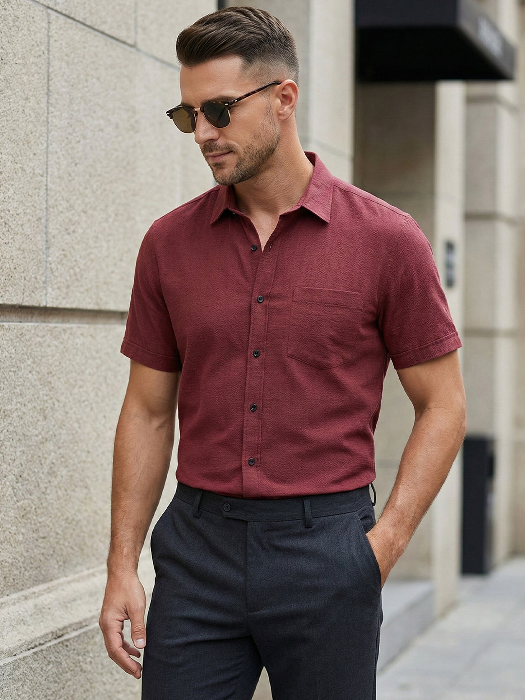 BULL FIRE Half Sleeve Chinese Collar Cotton Regular Fit Shirt For Men