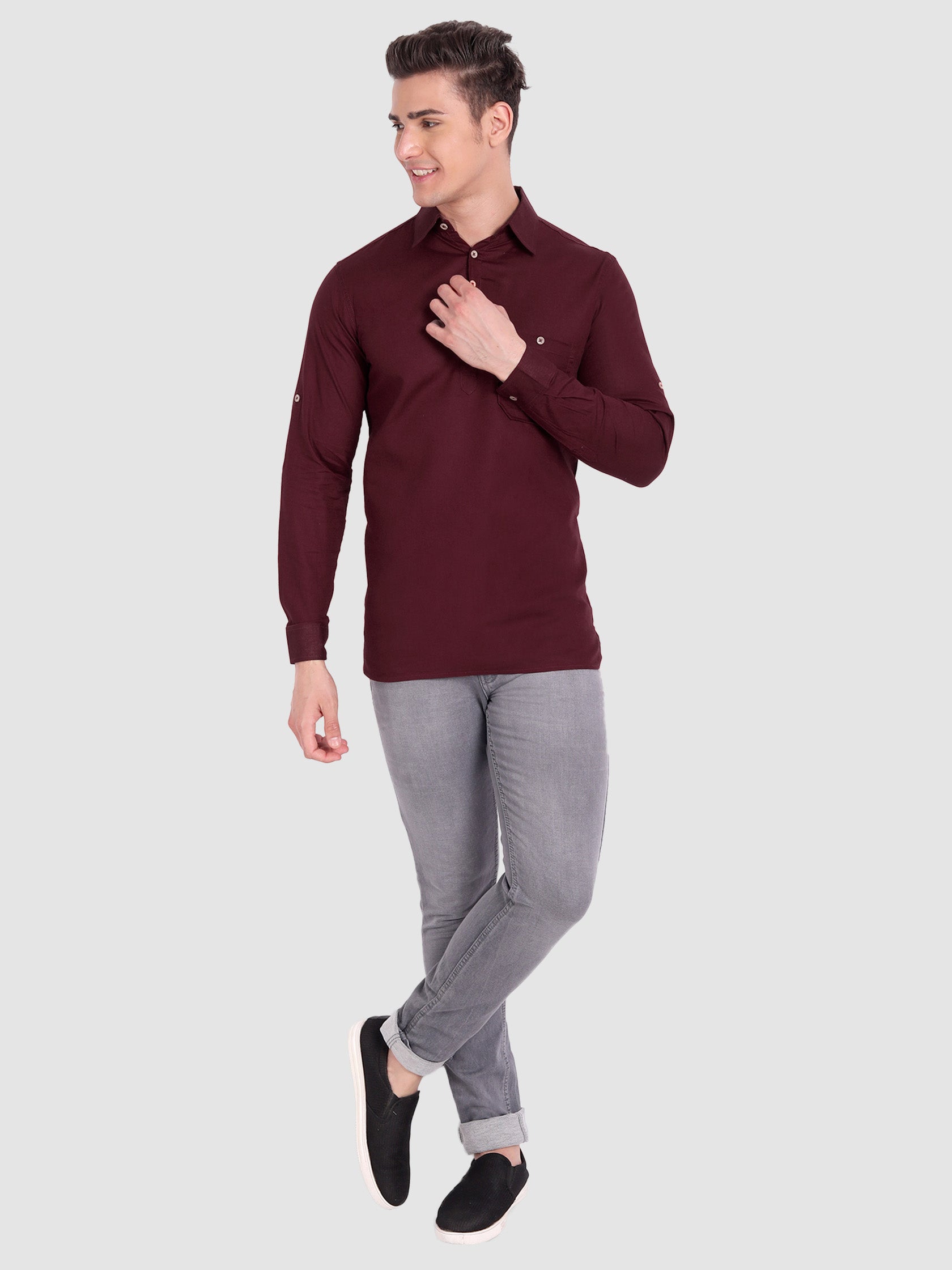 BULL FIRE Men Full Sleeve Roll Up Sleeve Style Spread Collar Pure Cotton Kurta