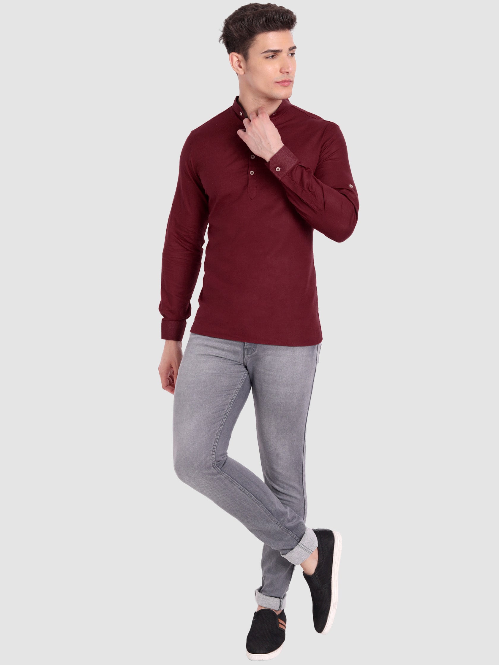BULL FIRE Men Full Sleeve Roll Up Style Chinese Collar Cotton Kurta
