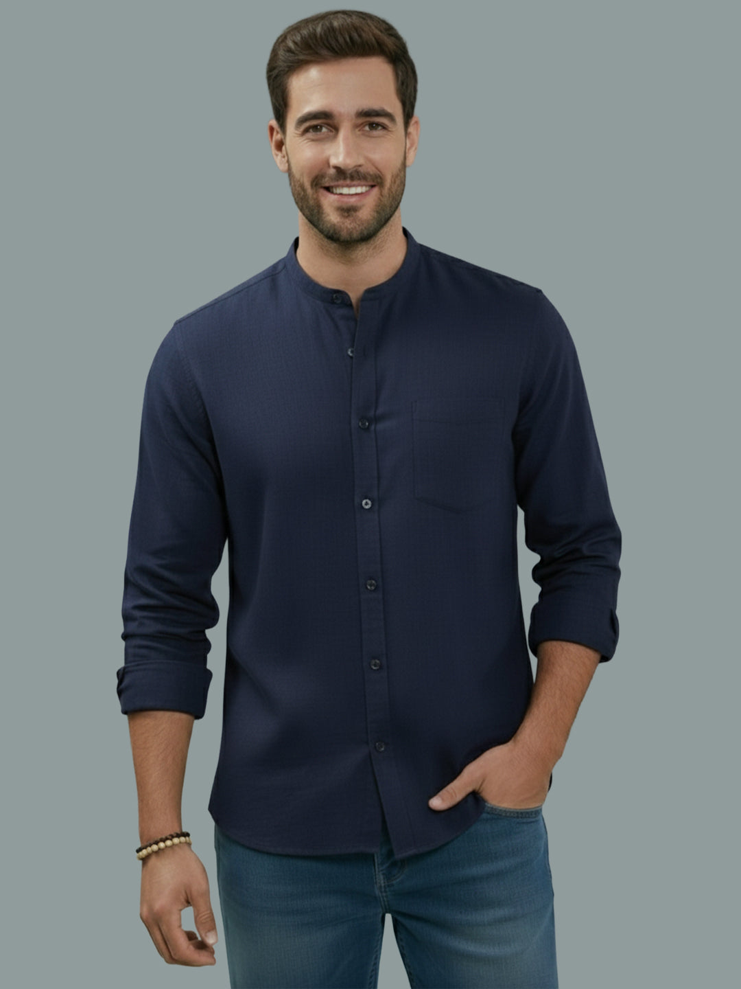 BULL FIRE Chinese Collar Full Sleeve Cotton Regular Fit Shirt For Men