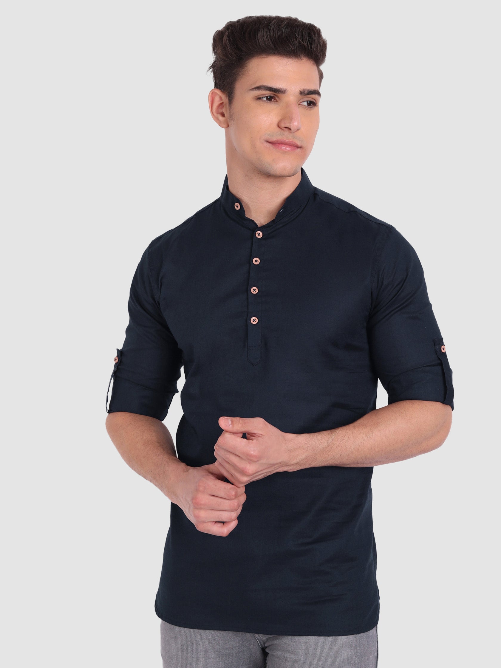 BULL FIRE Men Full Sleeve Roll Up Style Chinese Collar Cotton Kurta
