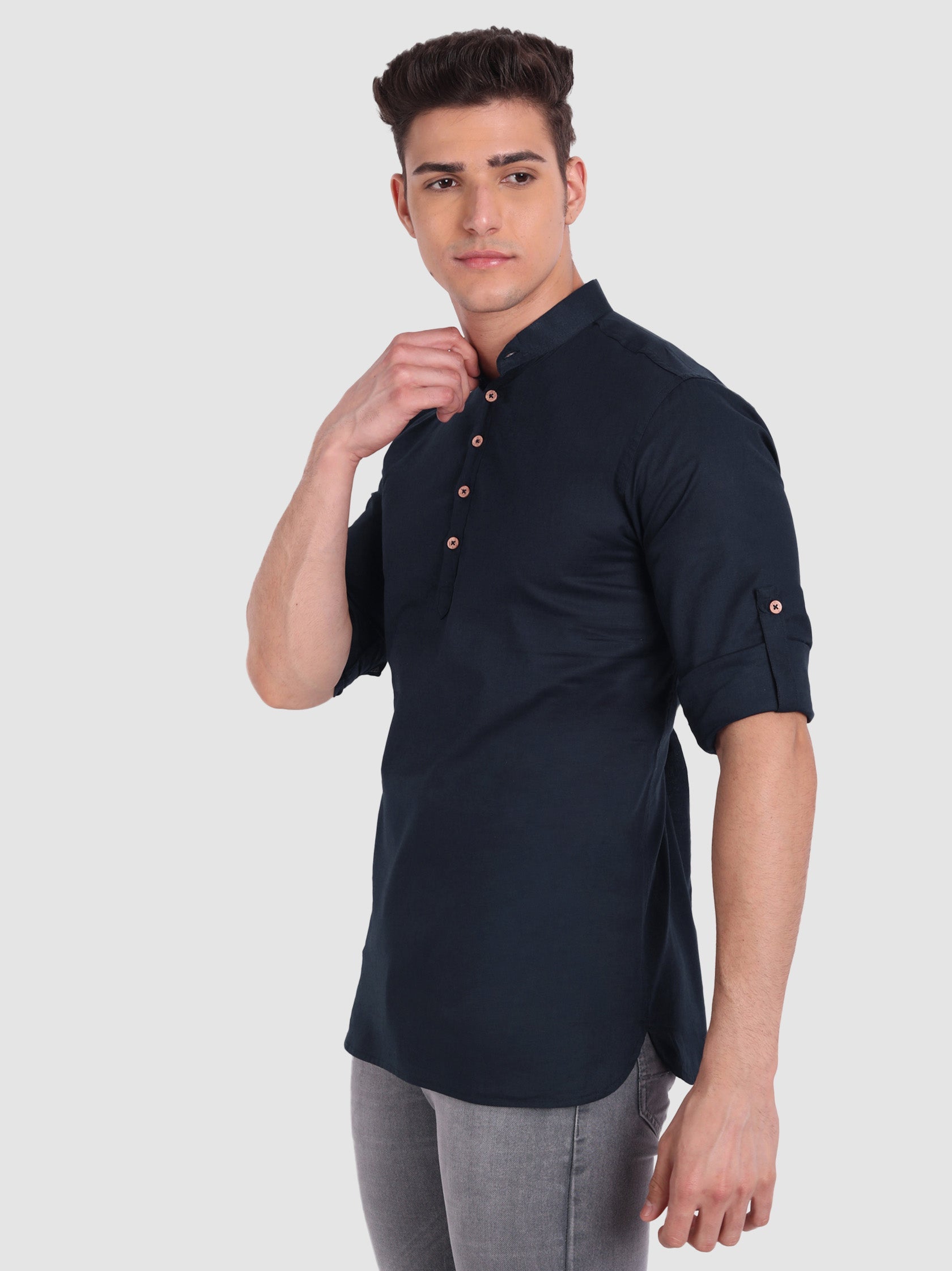 BULL FIRE Men Full Sleeve Roll Up Style Chinese Collar Cotton Kurta
