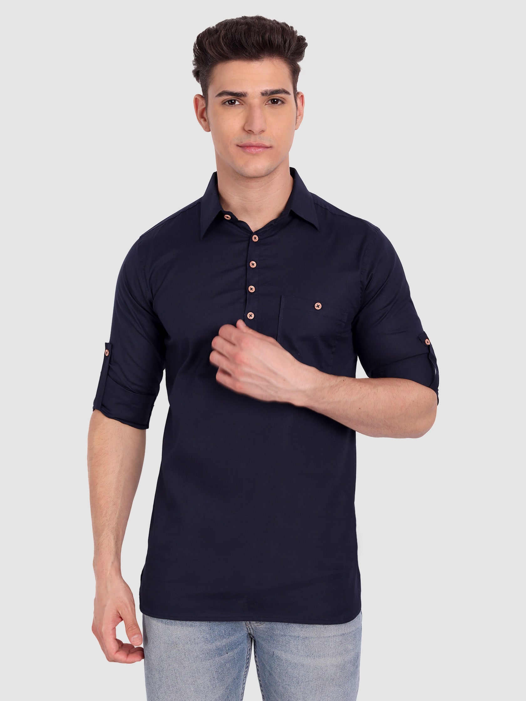 BULL FIRE Men Full Sleeve Roll Up Sleeve Style Spread Collar Pure Cotton Kurta