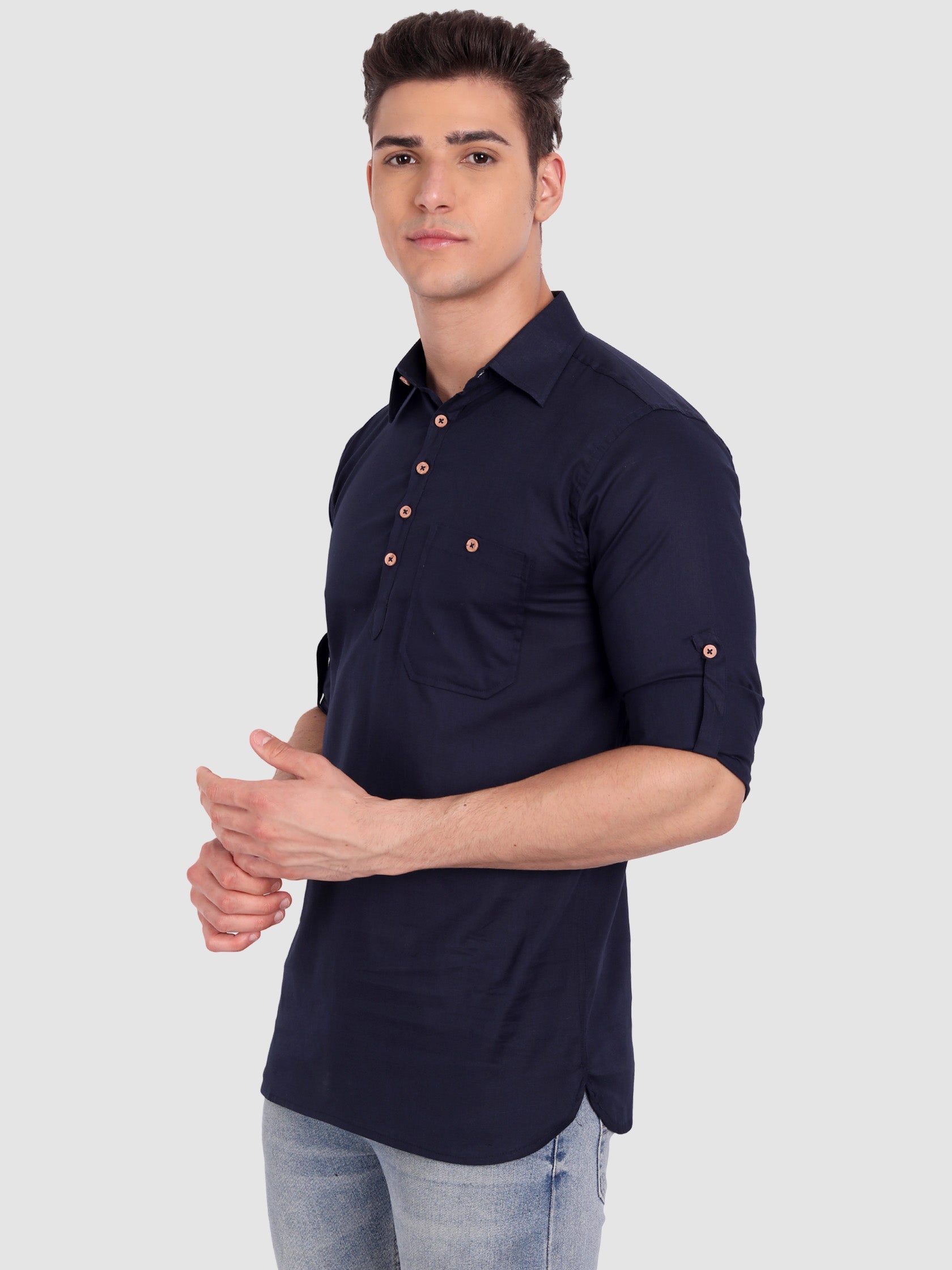 BULL FIRE Men Full Sleeve Roll Up Sleeve Style Spread Collar Pure Cotton Kurta