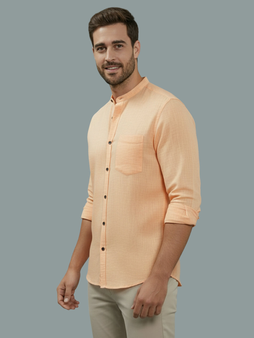 BULL FIRE Chinese Collar Full Sleeve Cotton Regular Fit Shirt For Men