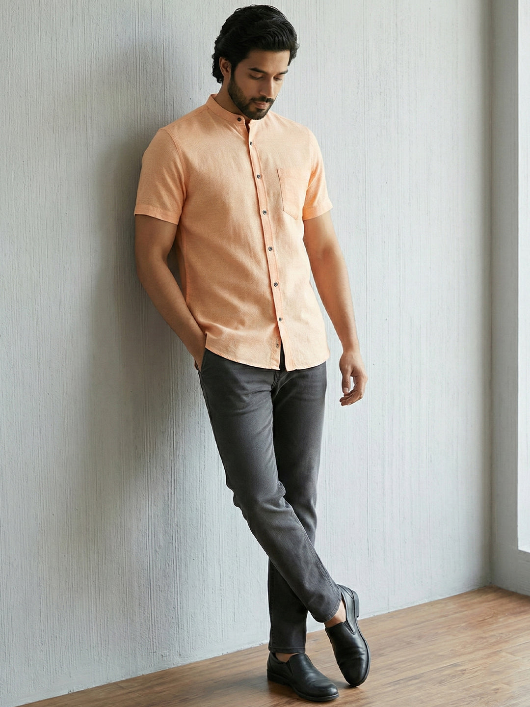 BULL FIRE Half Sleeve Chinese Collar Cotton Regular Fit Shirt For Men