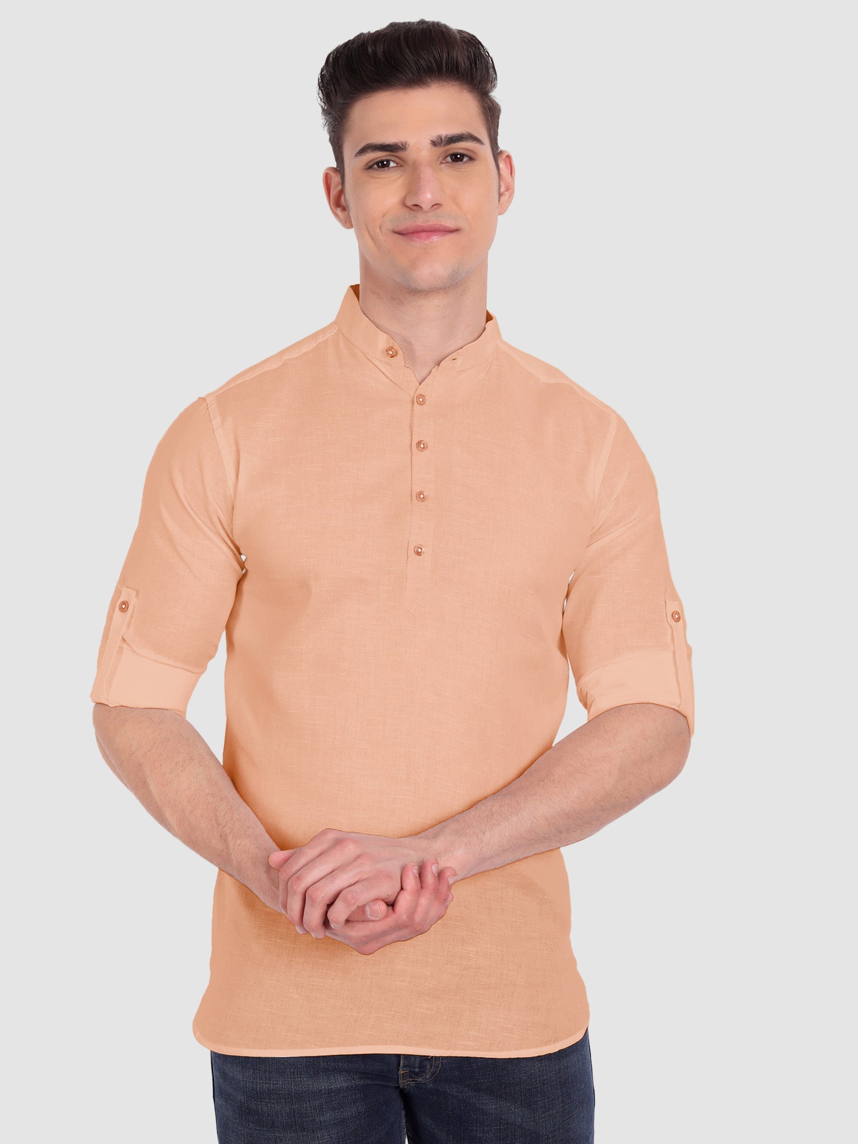 BULL FIRE Men Full Sleeve Roll Up Style Chinese Collar Cotton Kurta