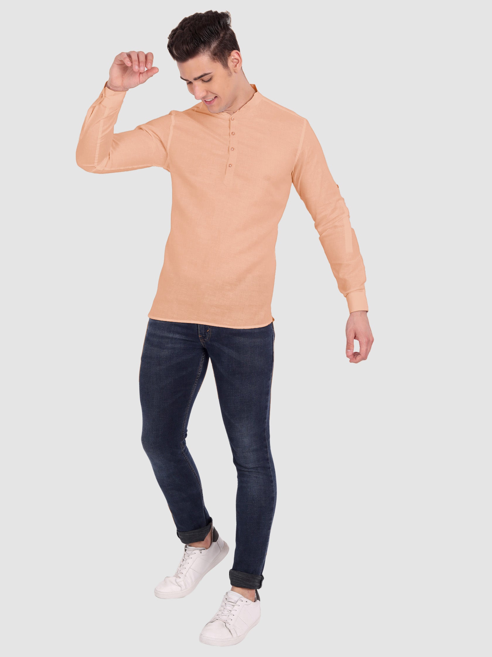 BULL FIRE Men Full Sleeve Roll Up Style Chinese Collar Cotton Kurta