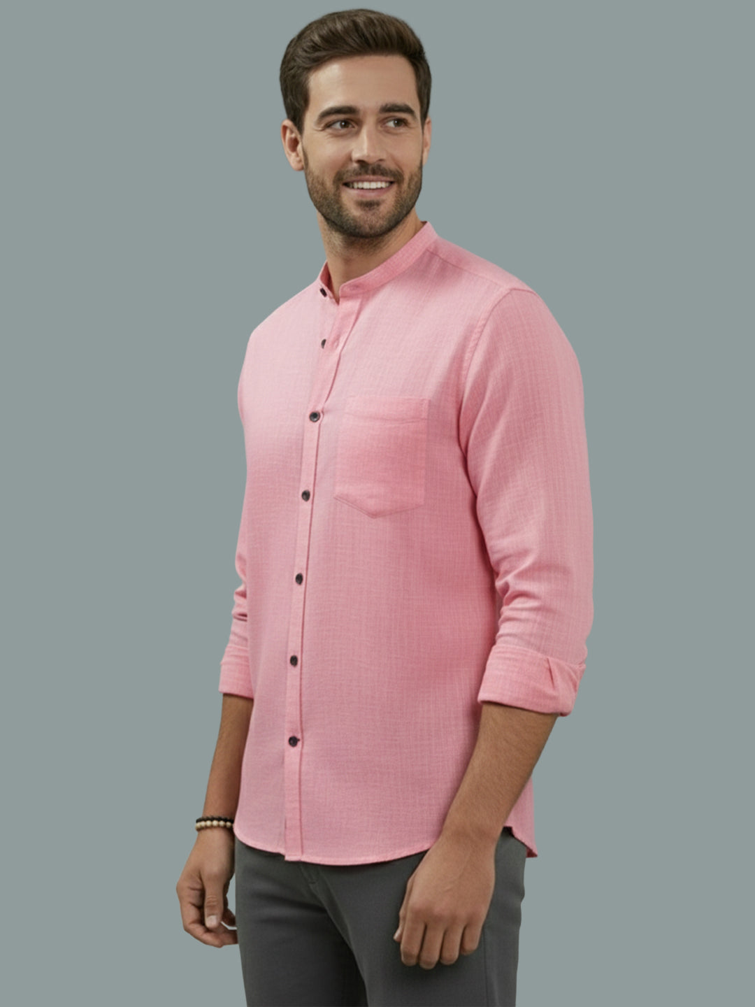BULL FIRE Chinese Collar Full Sleeve Cotton Regular Fit Shirt For Men