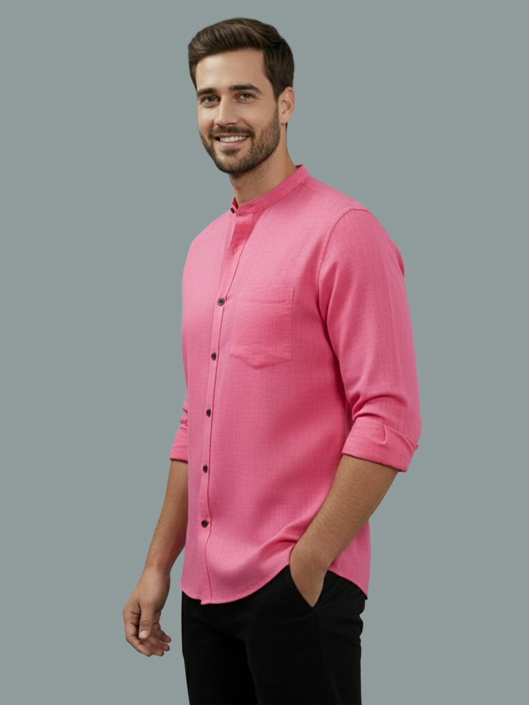 BULL FIRE Chinese Collar Full Sleeve Cotton Regular Fit Shirt For Men