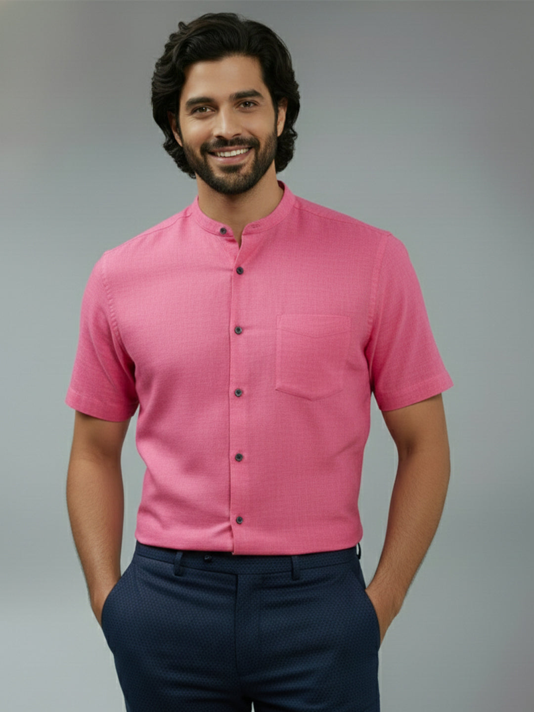 BULL FIRE Half Sleeve Chinese Collar Cotton Regular Fit Shirt For Men