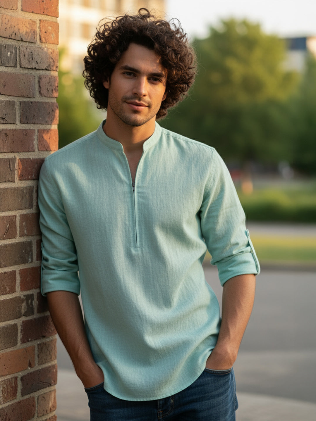 BULL FIRE Zipper Style Pure Cotton Full Sleeve Short Kurta