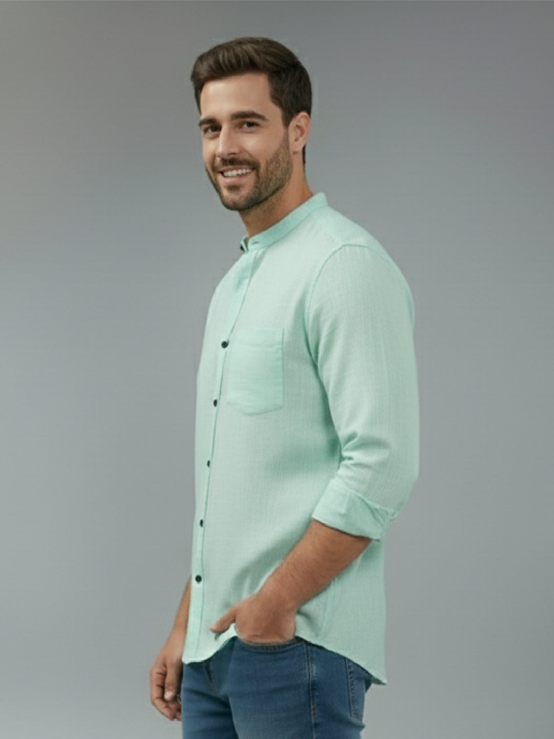 BULL FIRE Chinese Collar Full Sleeve Cotton Regular Fit Shirt For Men