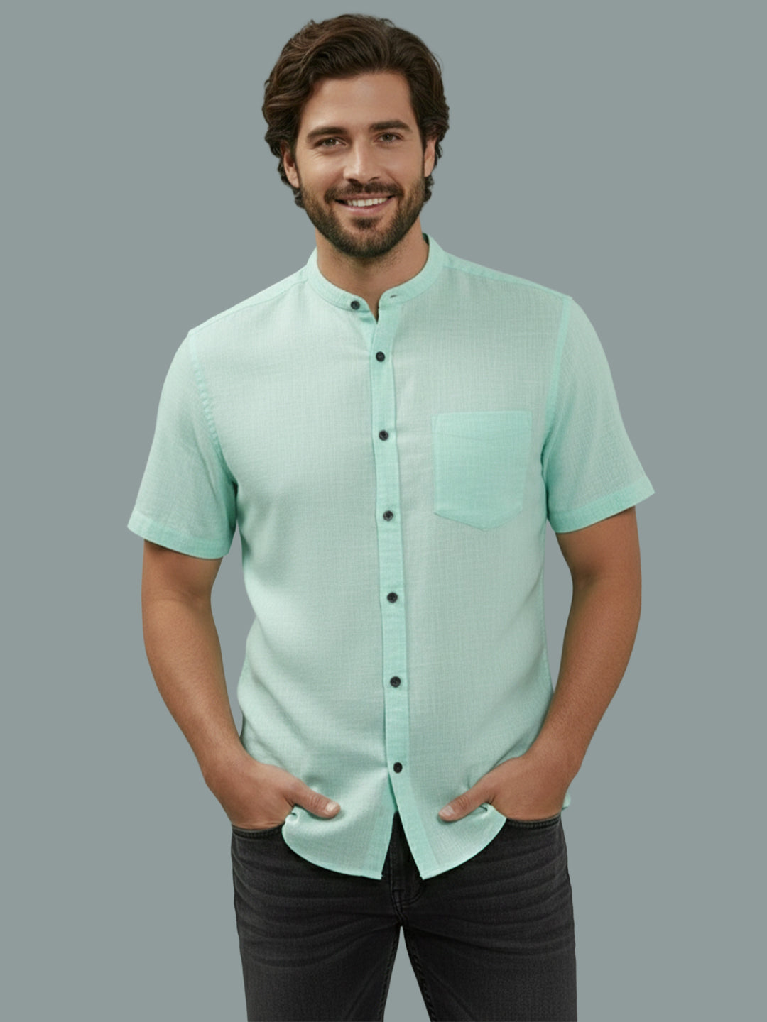 BULL FIRE Half Sleeve Chinese Collar Cotton Regular Fit Shirt For Men