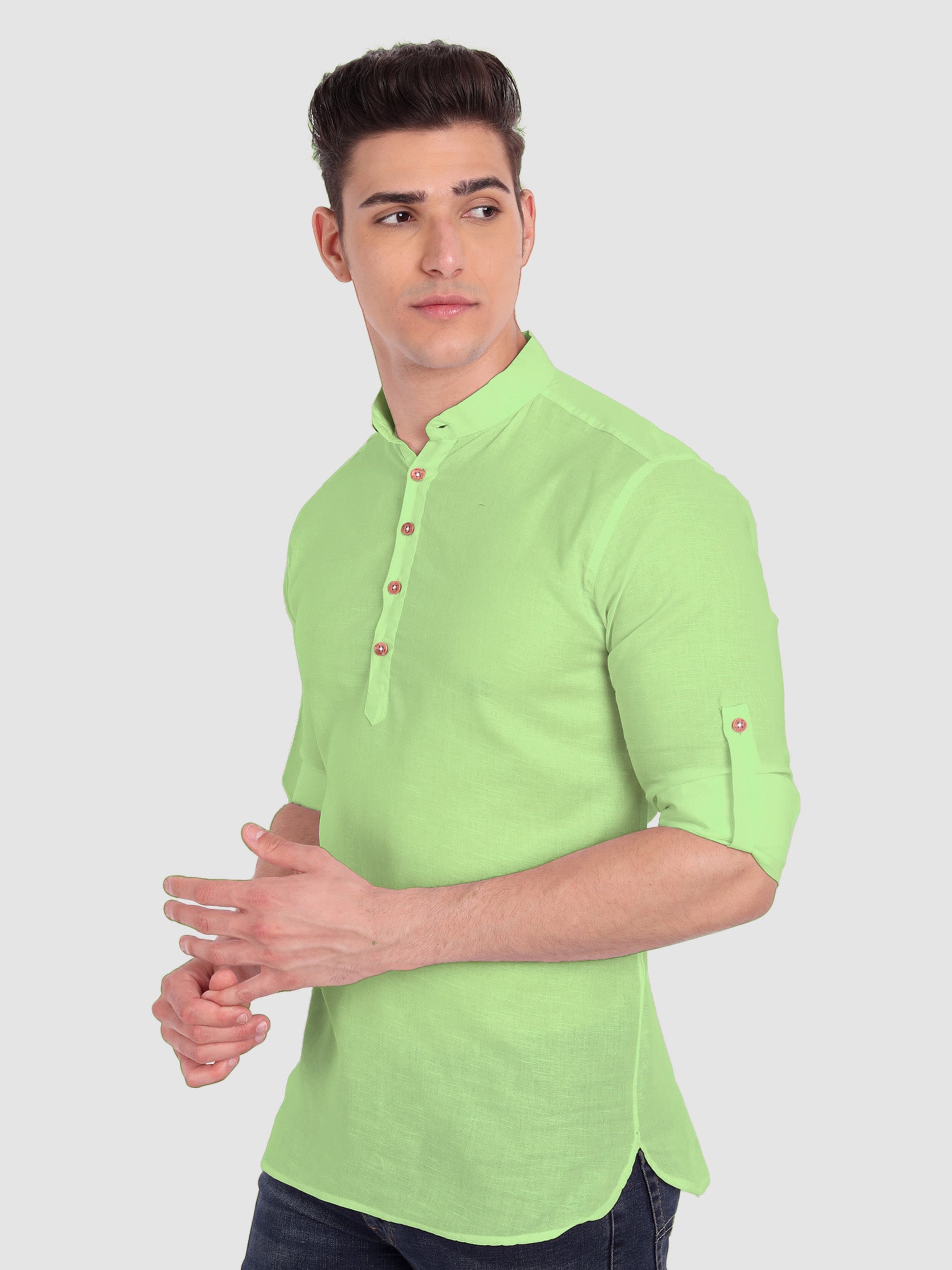 BULL FIRE Men Full Sleeve Roll Up Style Chinese Collar Cotton Kurta