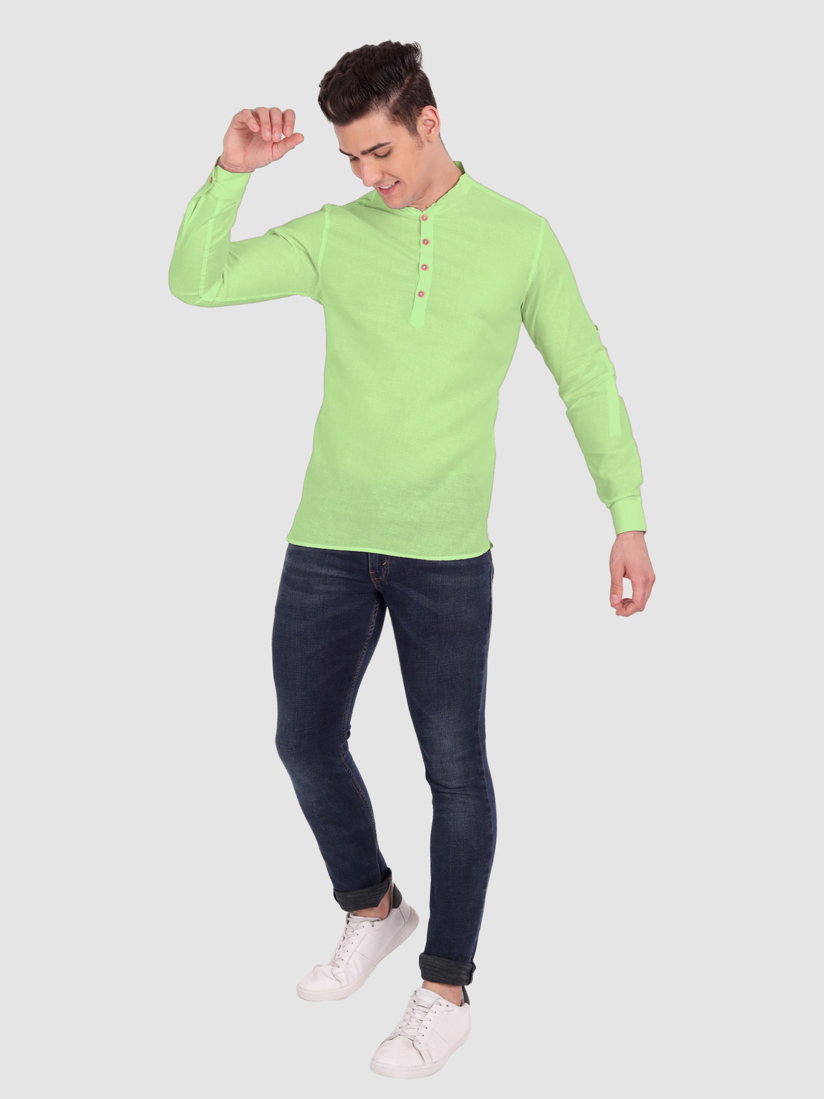 BULL FIRE Men Full Sleeve Roll Up Style Chinese Collar Cotton Kurta