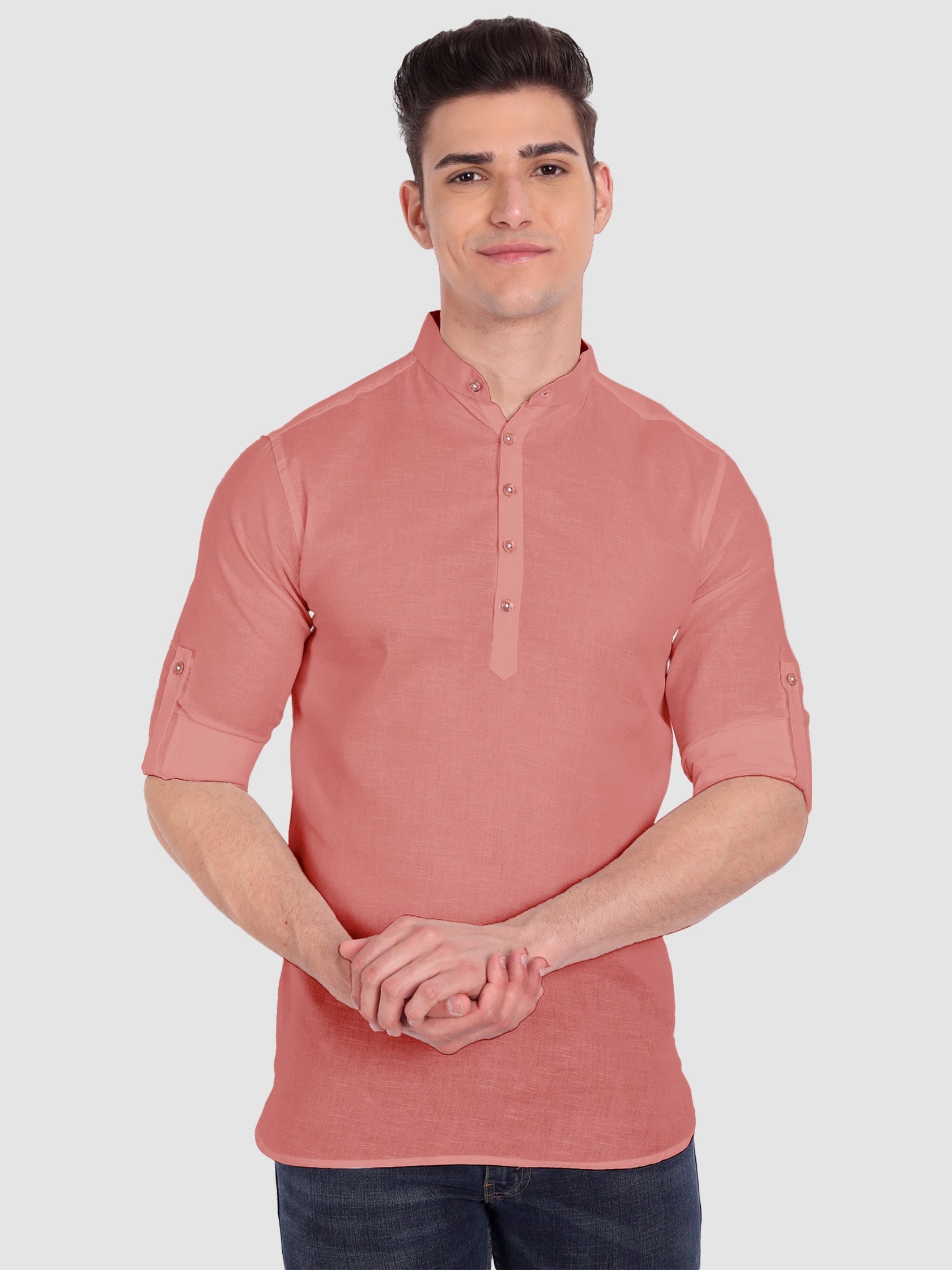 BULL FIRE Men Full Sleeve Roll Up Style Chinese Collar Cotton Kurta