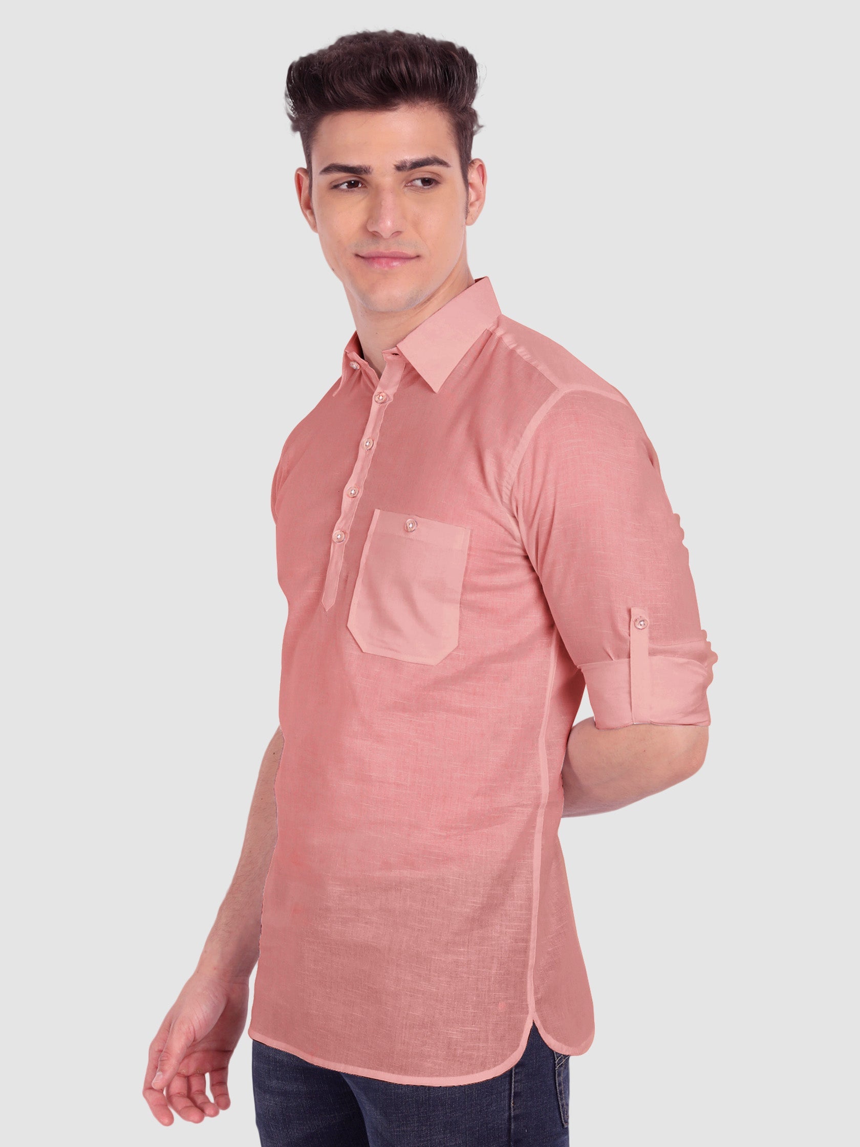 BULL FIRE Men Full Sleeve Roll Up Sleeve Style Spread Collar Pure Cotton Kurta