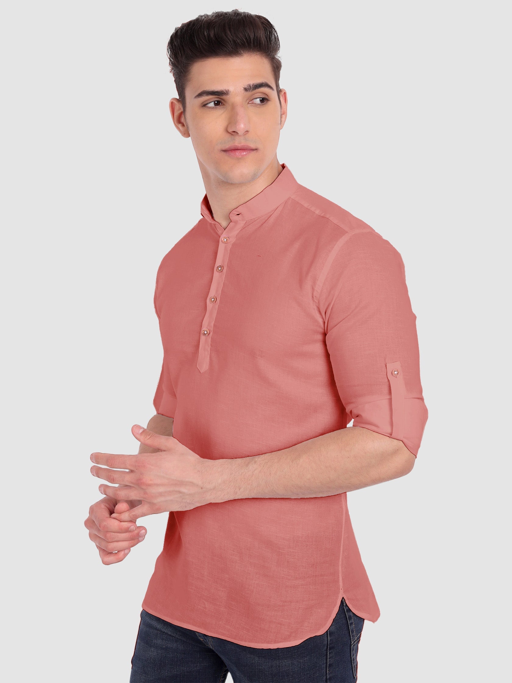 BULL FIRE Men Full Sleeve Roll Up Style Chinese Collar Cotton Kurta