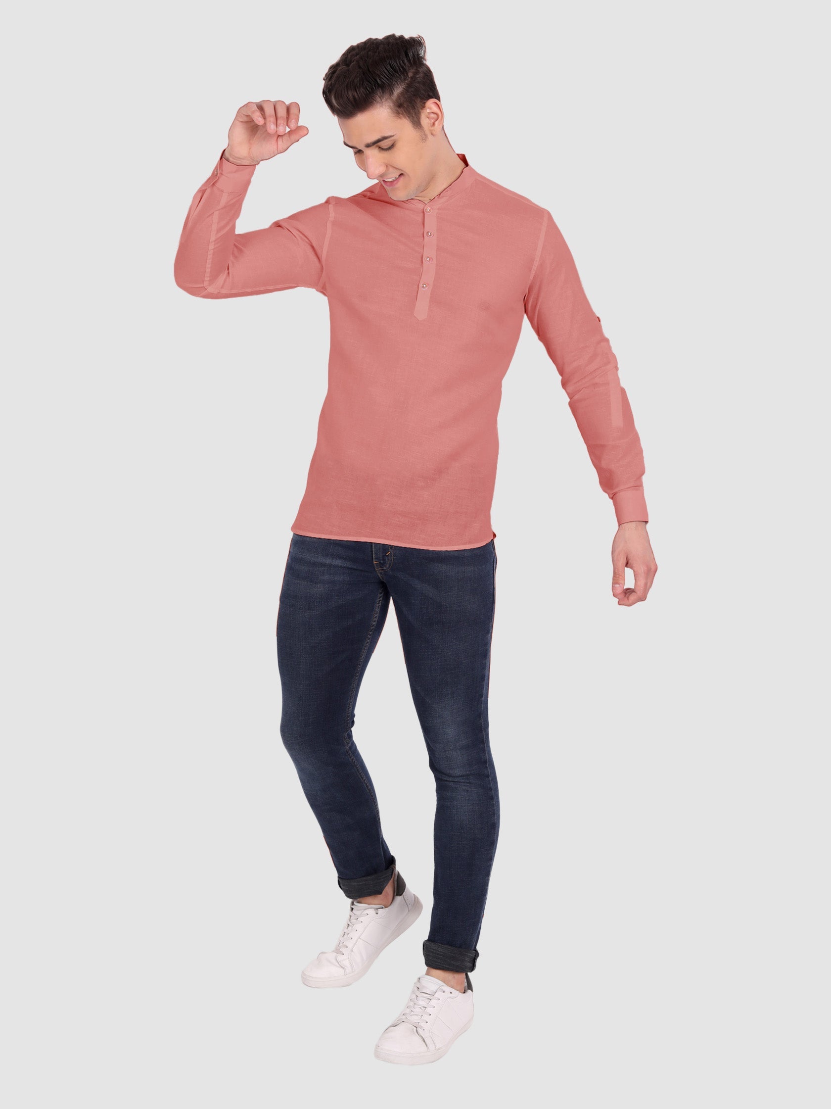 BULL FIRE Men Full Sleeve Roll Up Style Chinese Collar Cotton Kurta