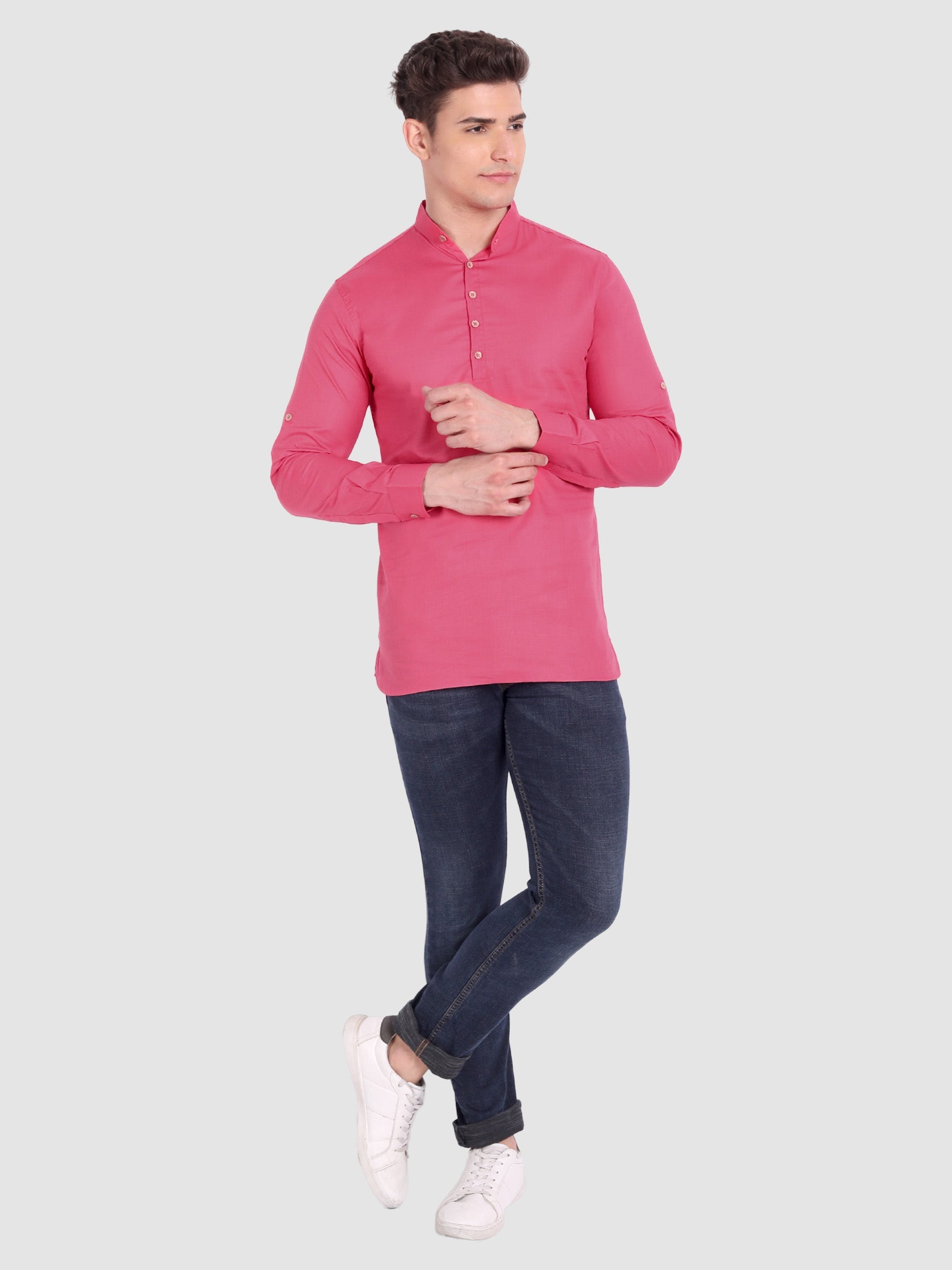 BULL FIRE Men Full Sleeve Roll Up Style Chinese Collar Cotton Kurta