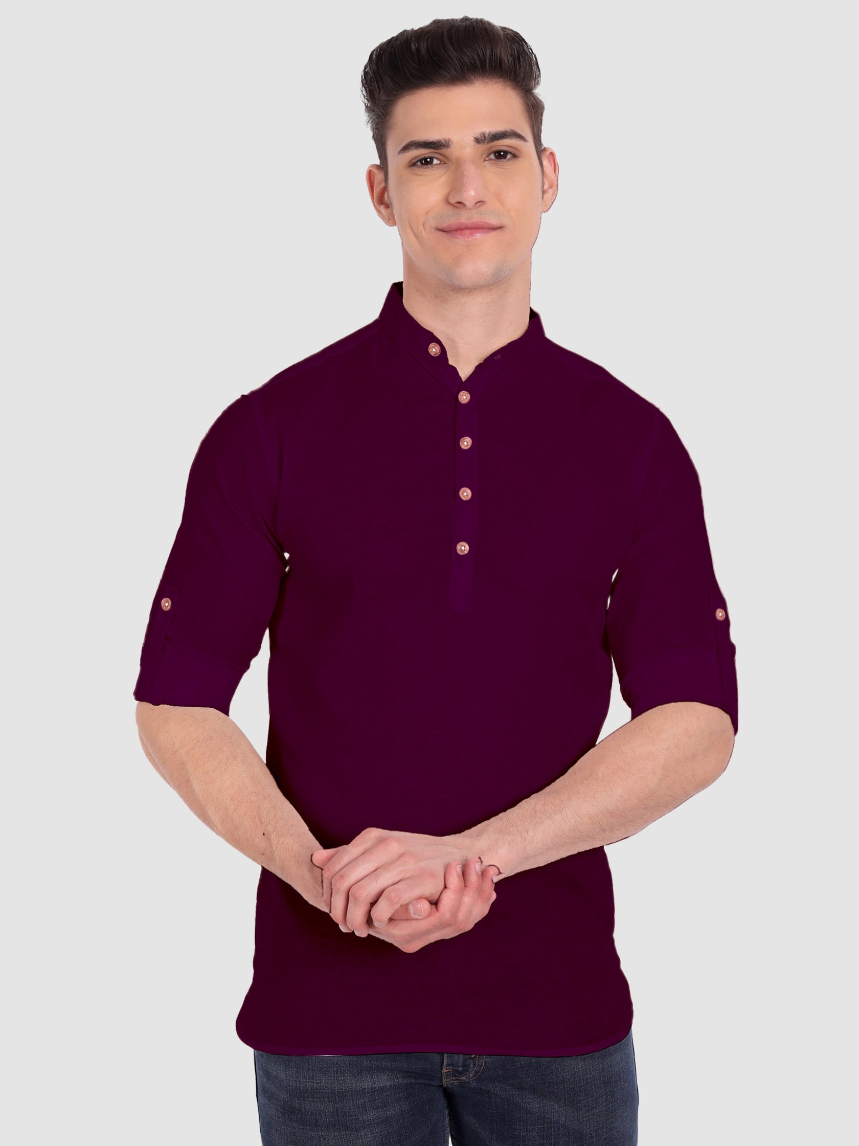 BULL FIRE Men Full Sleeve Roll Up Style Chinese Collar Cotton Kurta