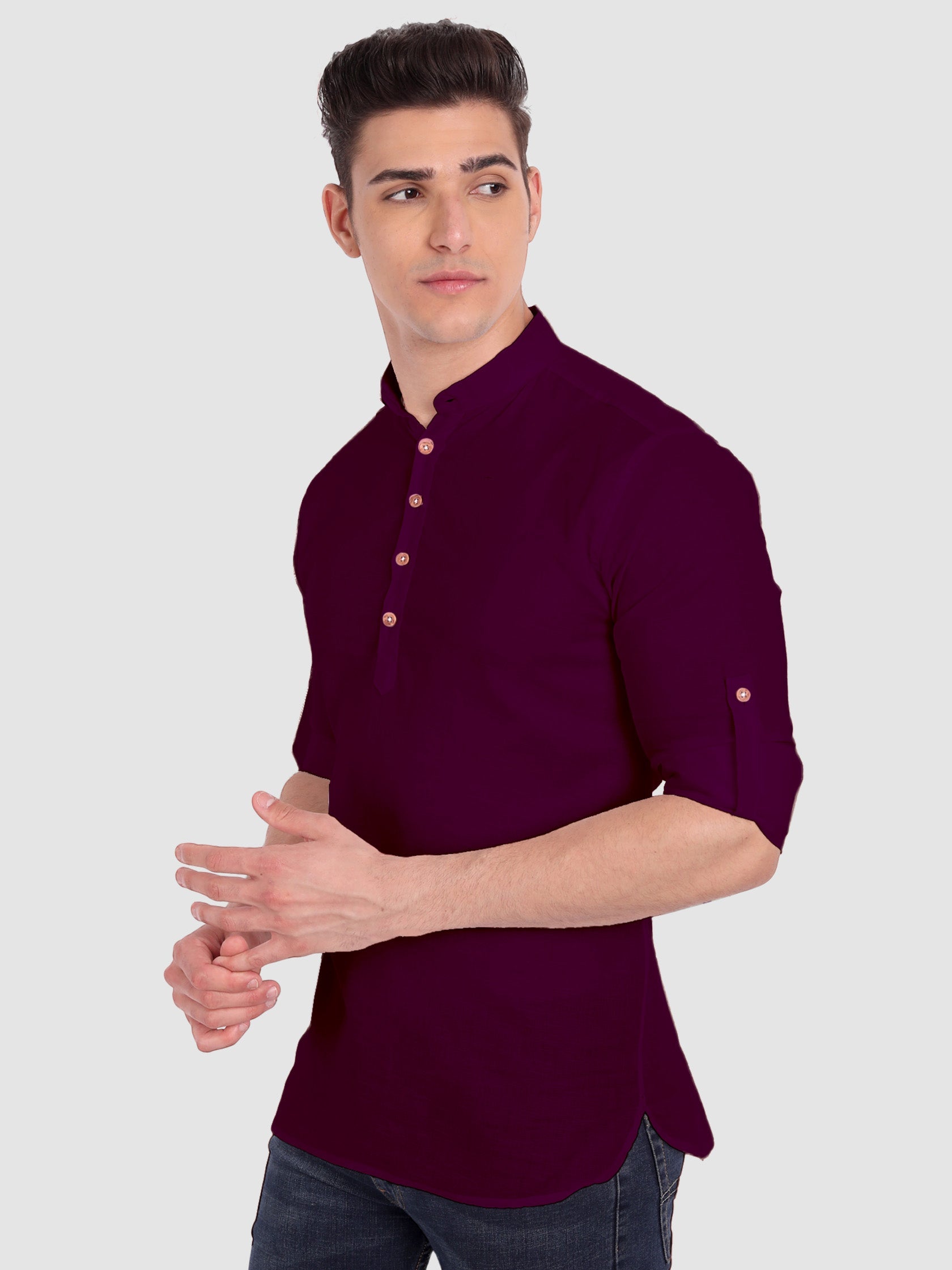 BULL FIRE Men Full Sleeve Roll Up Style Chinese Collar Cotton Kurta