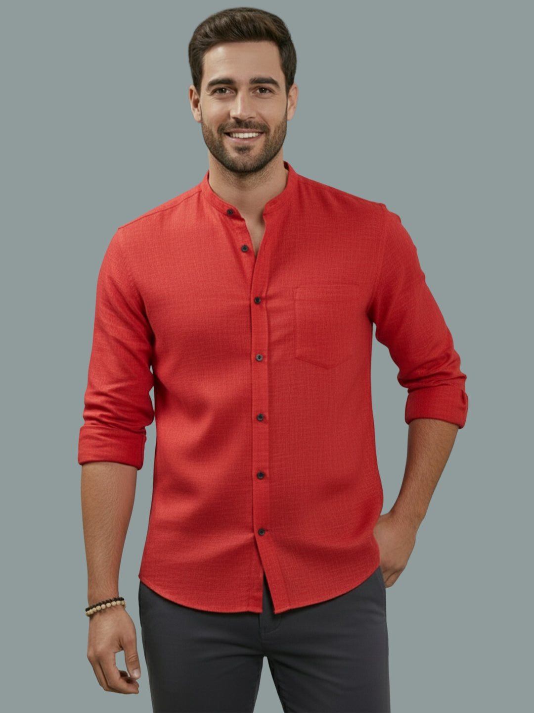 BULL FIRE Chinese Collar Full Sleeve Cotton Regular Fit Shirt For Men
